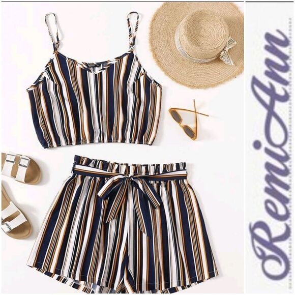 🌼Plus stripe cami top & belted shorts - Picture 1 of 7